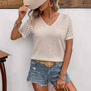 Top en crochet à col en V et manches courtes pour femmes