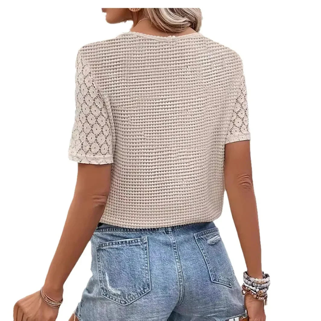 Top en crochet à col en V et manches courtes pour femmes