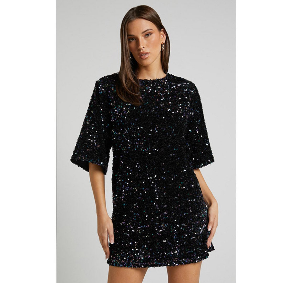 Elegante Glitter Vrouwen Mini Cocktailjurk Met Strik