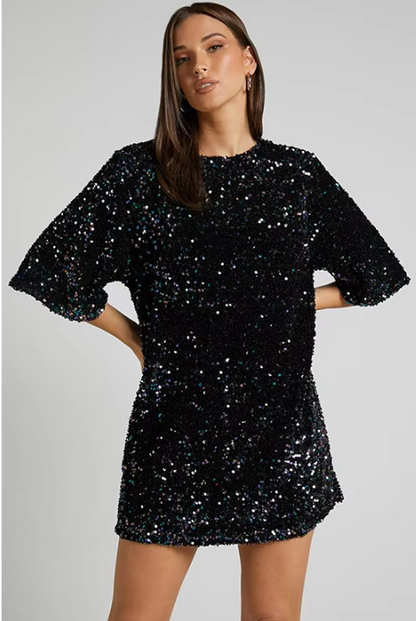 Elegante Glitter Vrouwen Mini Cocktailjurk Met Strik