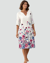 Floral Print Mini Dress with V-Neck and Three-Quarter Sleeves