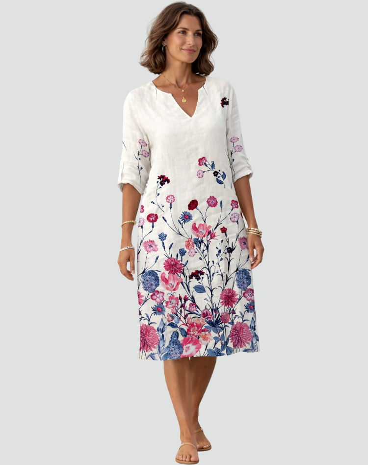 Floral Print Mini Dress with V-Neck and Three-Quarter Sleeves