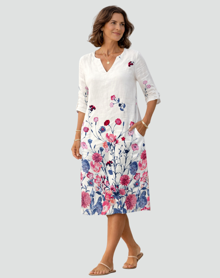 Floral Print Mini Dress with V-Neck and Three-Quarter Sleeves