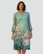 Floral Print Mini Dress with V-Neck and Three-Quarter Sleeves