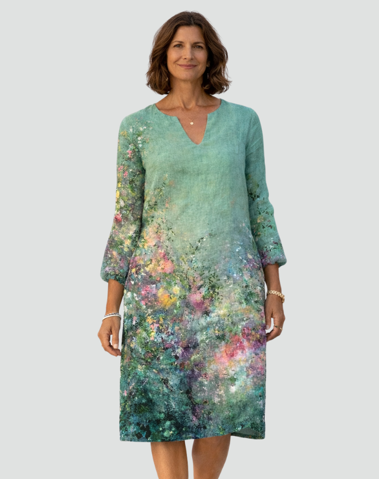 Floral Print Mini Dress with V-Neck and Three-Quarter Sleeves
