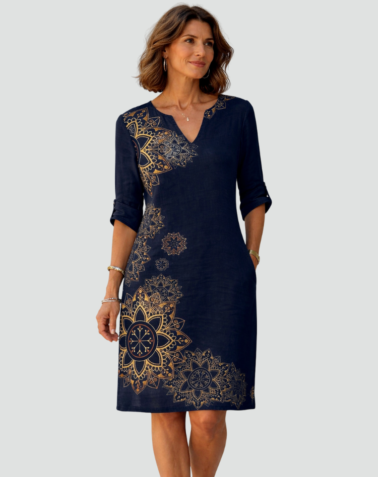 Floral Print Mini Dress with V-Neck and Three-Quarter Sleeves