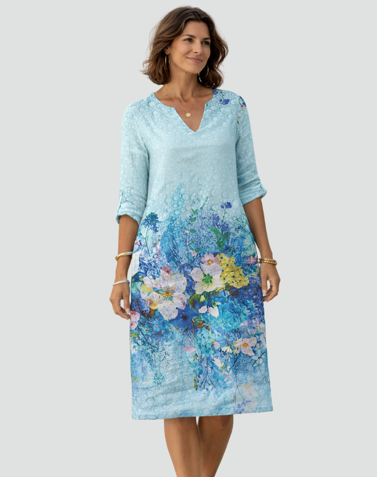 Floral Print Mini Dress with V-Neck and Three-Quarter Sleeves