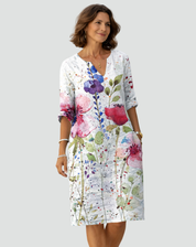 Floral Print Mini Dress with V-Neck and Three-Quarter Sleeves