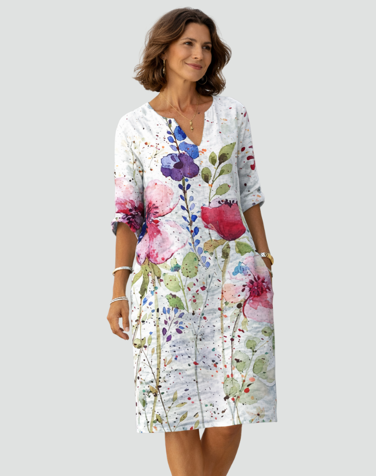 Floral Print Mini Dress with V-Neck and Three-Quarter Sleeves