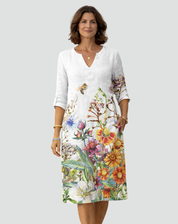 Floral Print Mini Dress with V-Neck and Three-Quarter Sleeves
