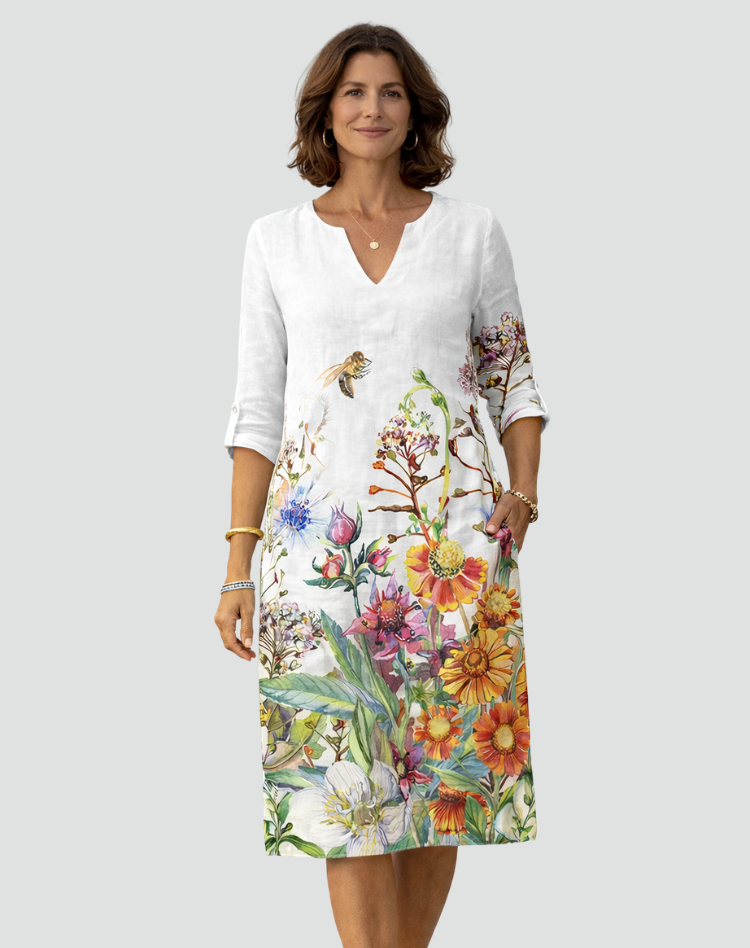 Floral Print Mini Dress with V-Neck and Three-Quarter Sleeves