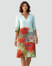 Floral Print Mini Dress with V-Neck and Three-Quarter Sleeves