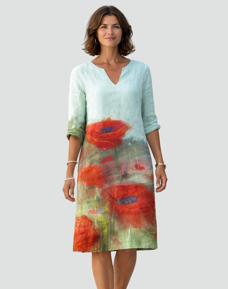 Floral Print Mini Dress with V-Neck and Three-Quarter Sleeves