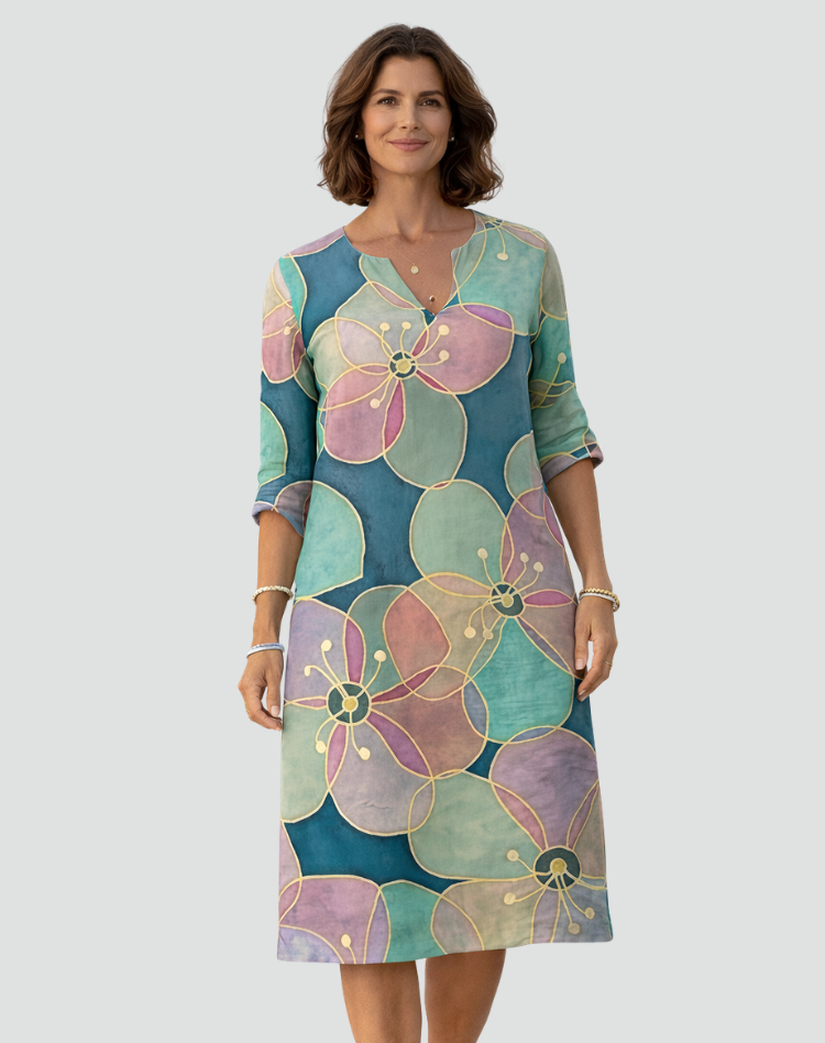 Floral Print Mini Dress with V-Neck and Three-Quarter Sleeves