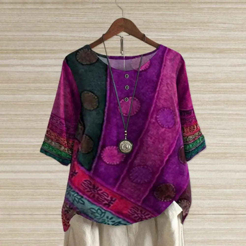 Blouse bohème imprimée à col rond pour femmes