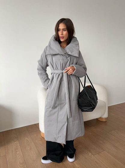 Vrouwen Chic Lange Puffer Winterjas met Tailleriem en Hoge Kraag