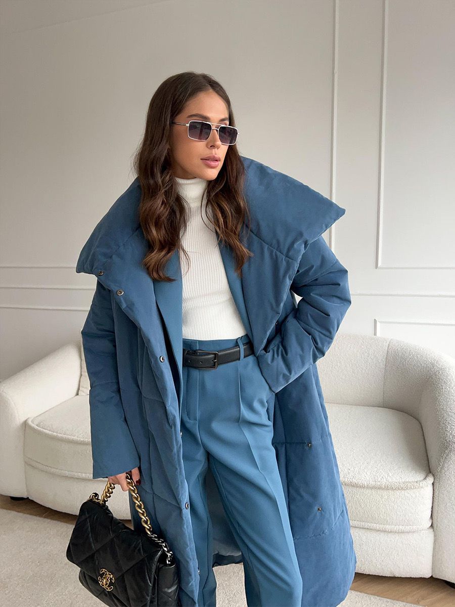Vrouwen Chic Lange Puffer Winterjas met Tailleriem en Hoge Kraag