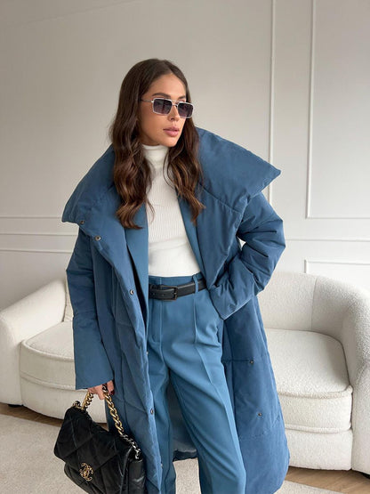 Vrouwen Chic Lange Puffer Winterjas met Tailleriem en Hoge Kraag