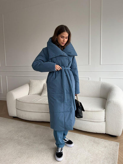 Vrouwen Chic Lange Puffer Winterjas met Tailleriem en Hoge Kraag