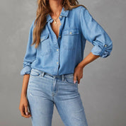 Denim Blouse with Chest Pockets and Long Sleeves for Women