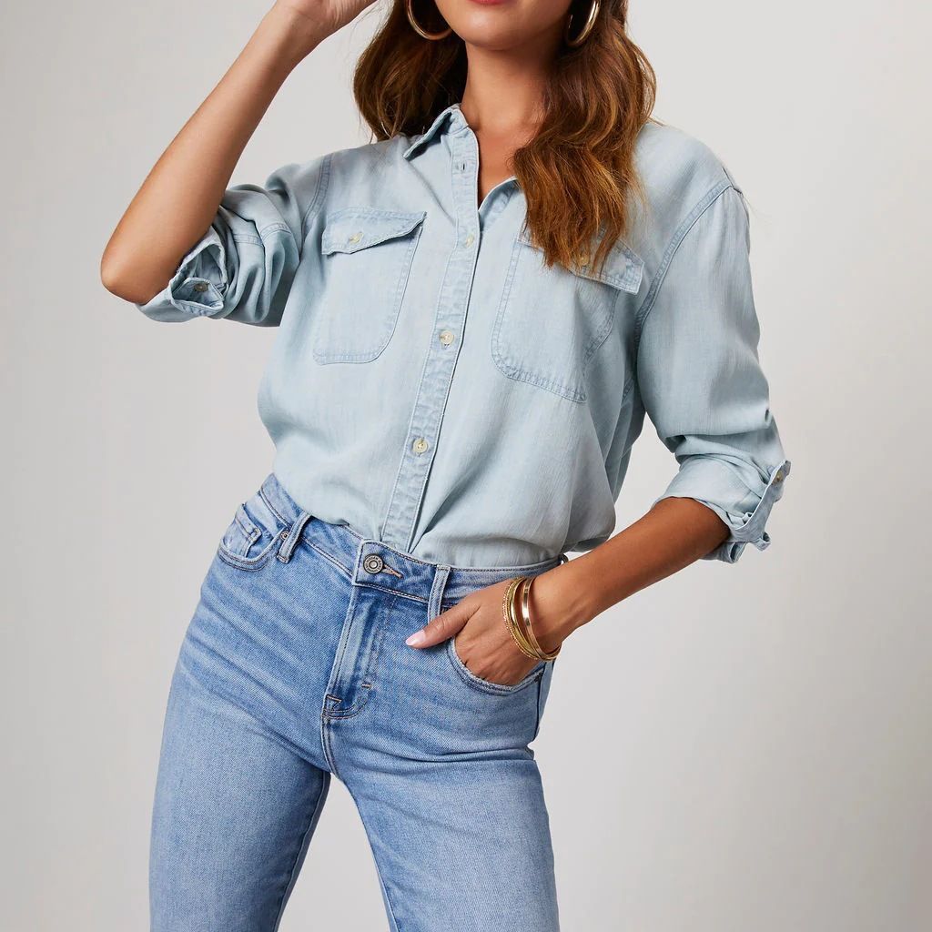 Denim Blouse with Chest Pockets and Long Sleeves for Women