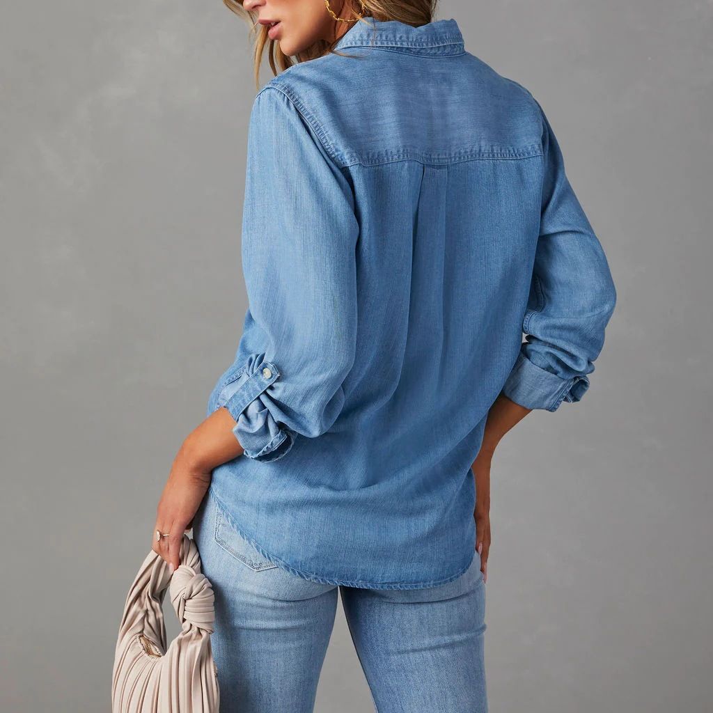 Denim Blouse with Chest Pockets and Long Sleeves for Women