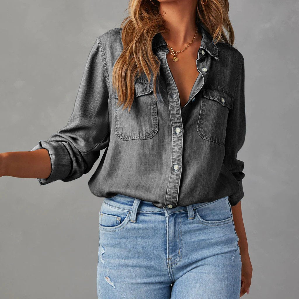 Denim Blouse with Chest Pockets and Long Sleeves for Women