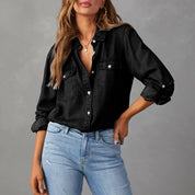 Denim Blouse with Chest Pockets and Long Sleeves for Women