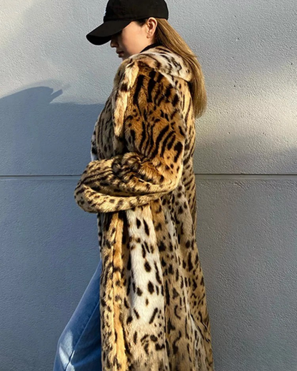 Lange Imitatiebont Jas met Panterprint Warme Winterjas voor Vrouwen