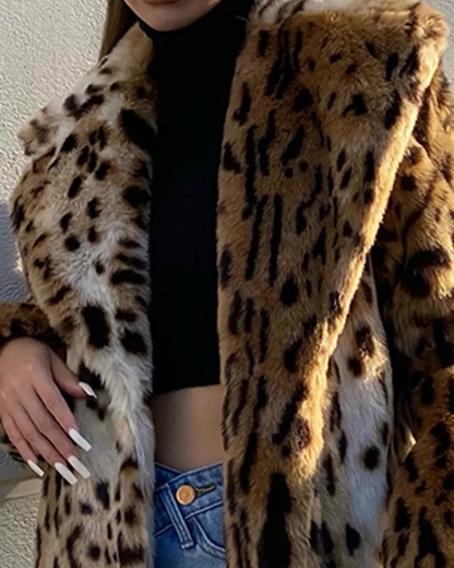 Lange Imitatiebont Jas met Panterprint Warme Winterjas voor Vrouwen
