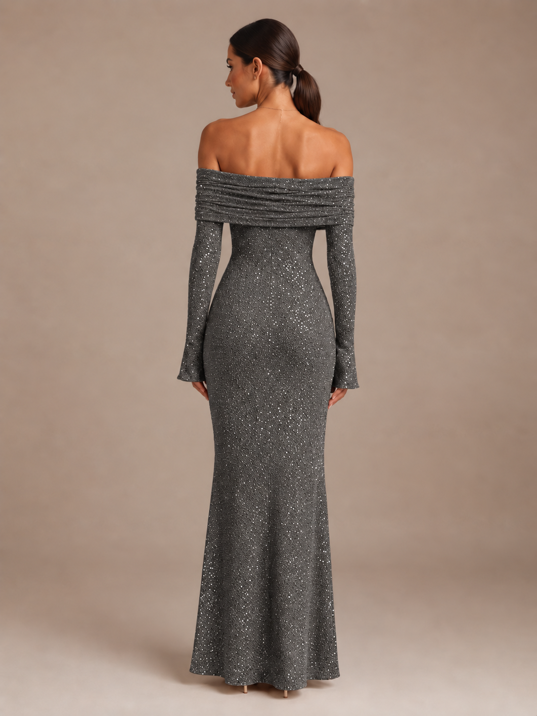 Dames Feestelijke Glitter Maxi Jurk met Off-Shoulder Hals