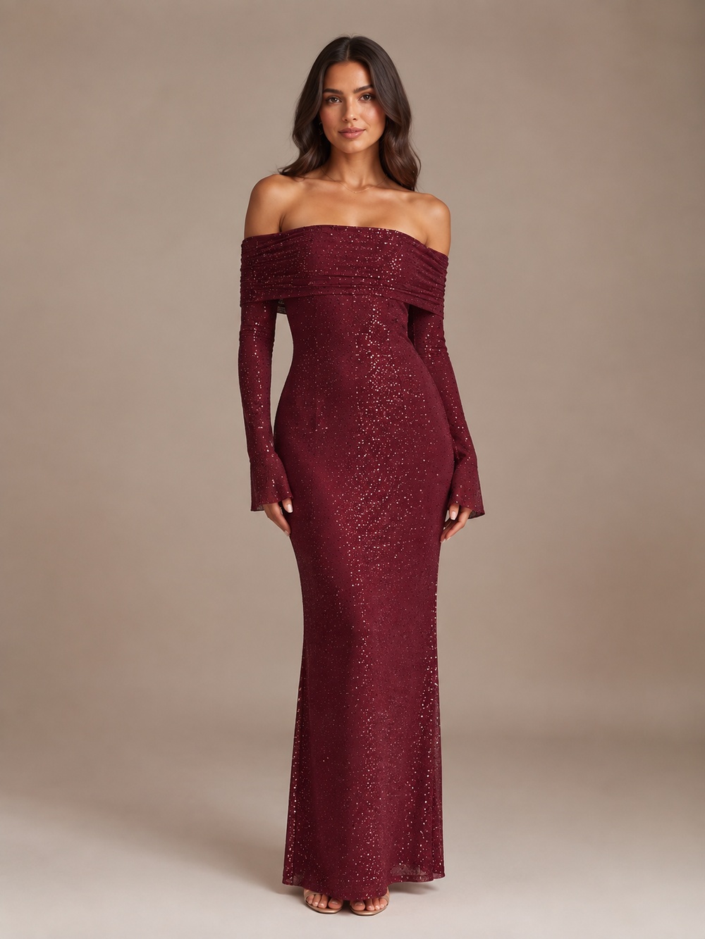 Dames Feestelijke Glitter Maxi Jurk met Off-Shoulder Hals