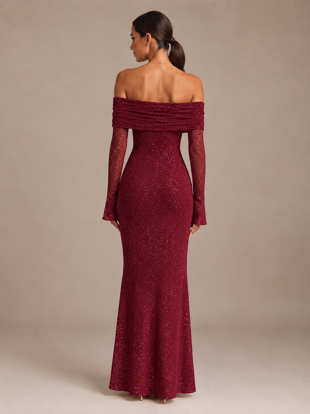 Dames Feestelijke Glitter Maxi Jurk met Off-Shoulder Hals