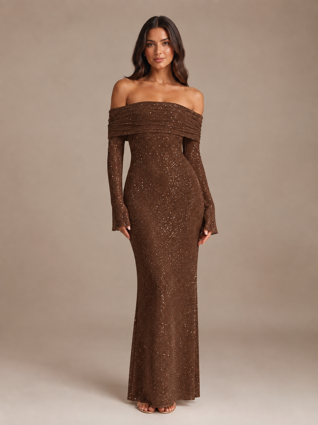 Dames Feestelijke Glitter Maxi Jurk met Off-Shoulder Hals