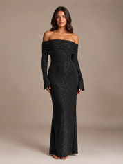 Dames Feestelijke Glitter Maxi Jurk met Off-Shoulder Hals