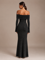 Dames Feestelijke Glitter Maxi Jurk met Off-Shoulder Hals