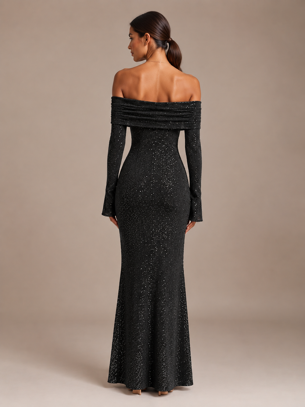Dames Feestelijke Glitter Maxi Jurk met Off-Shoulder Hals