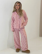 Soft Two-Piece Pajama Set for Women with Heart Print and Button Closure