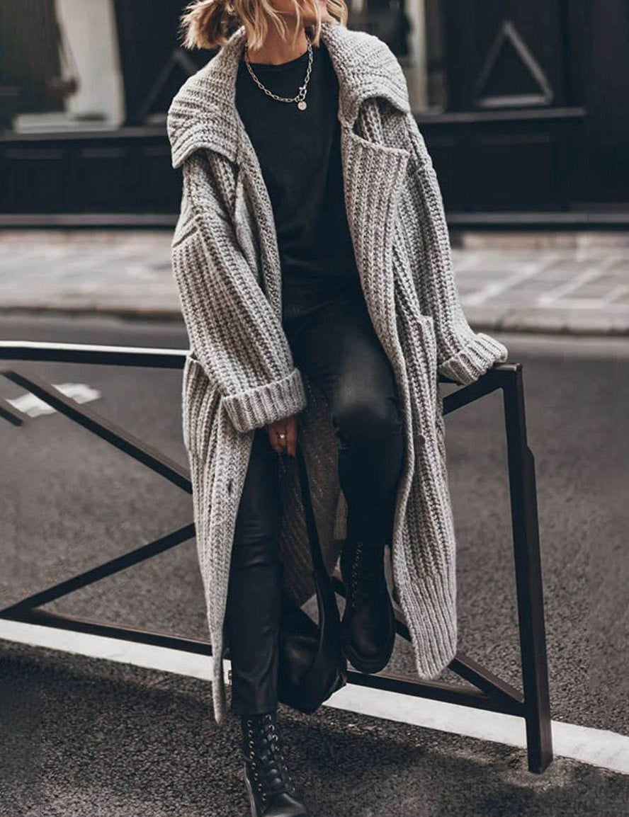 Mia | Women's Oversized Chunky Rib-Knit Longline Lapel Cardigan 0