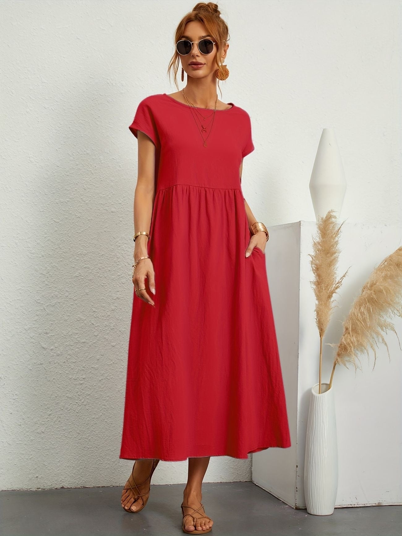 Falling Maxi Dress with Short Sleeves and Pockets