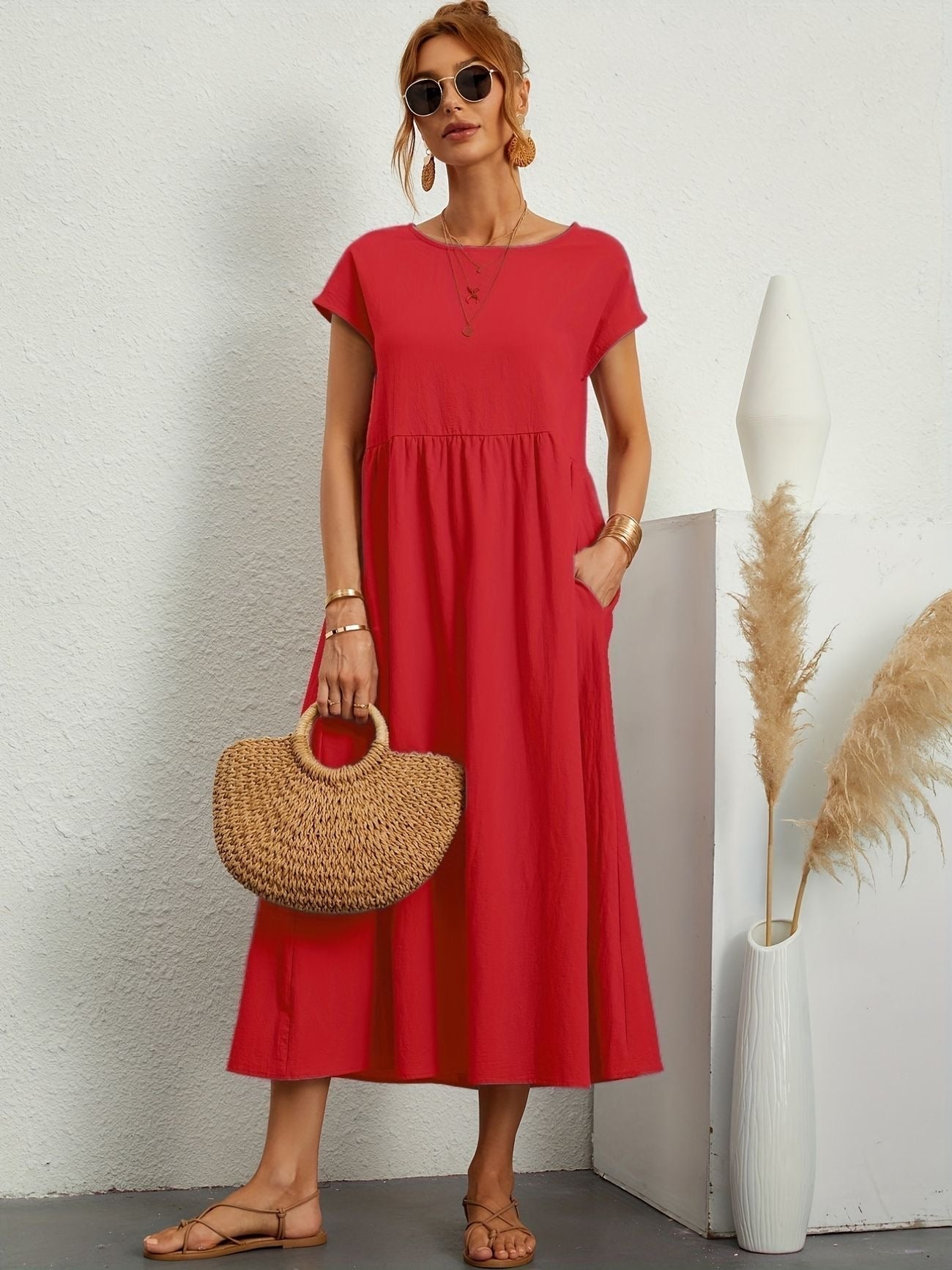 Falling Maxi Dress with Short Sleeves and Pockets