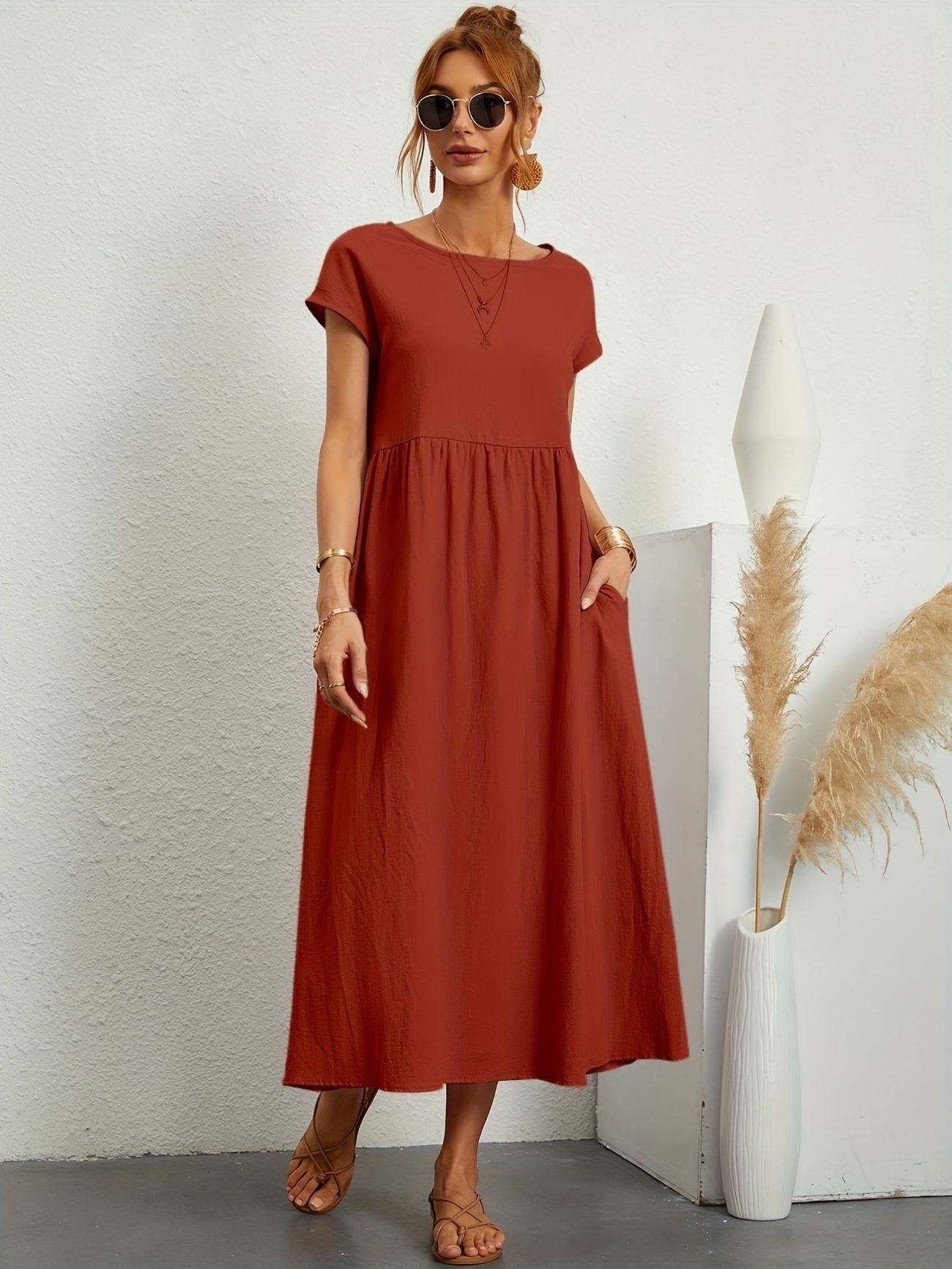 Falling Maxi Dress with Short Sleeves and Pockets