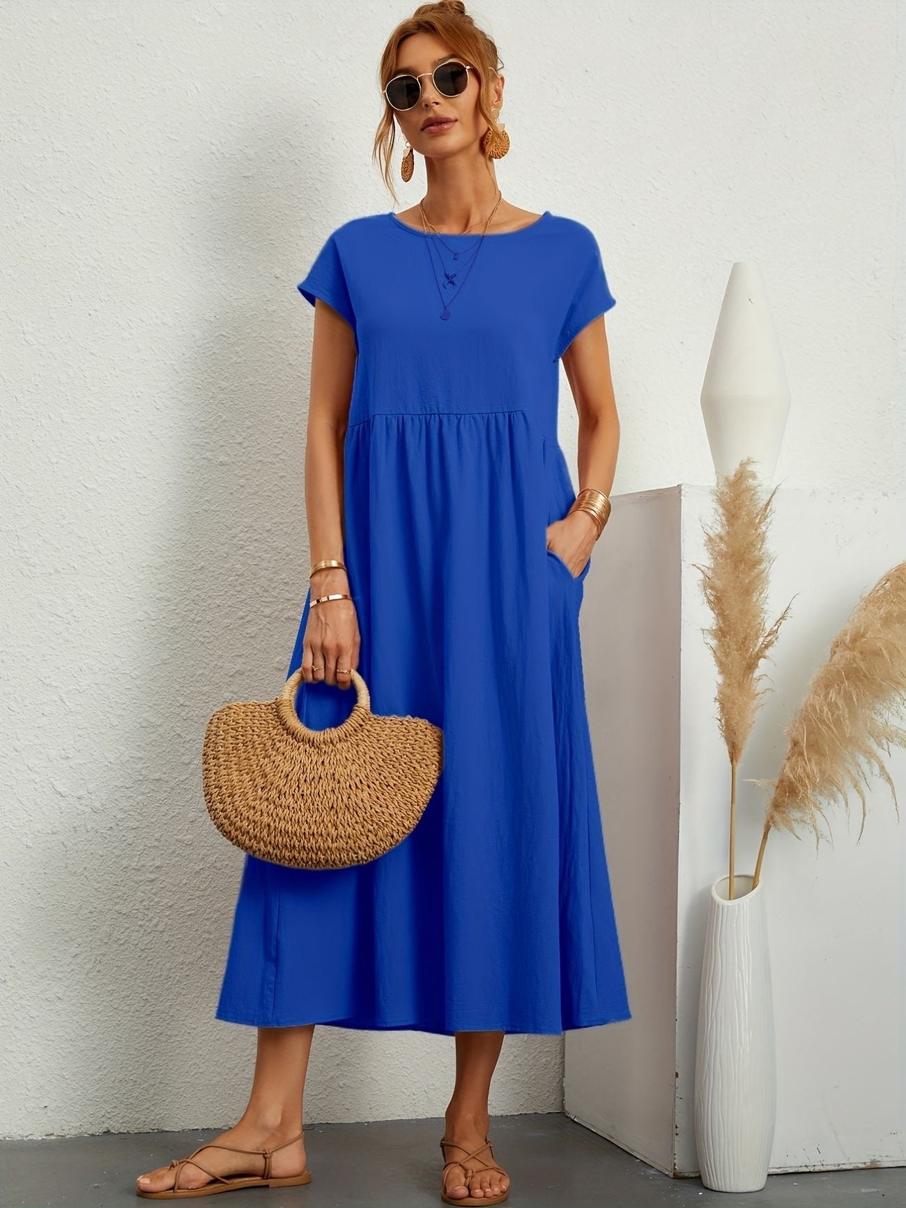 Falling Maxi Dress with Short Sleeves and Pockets