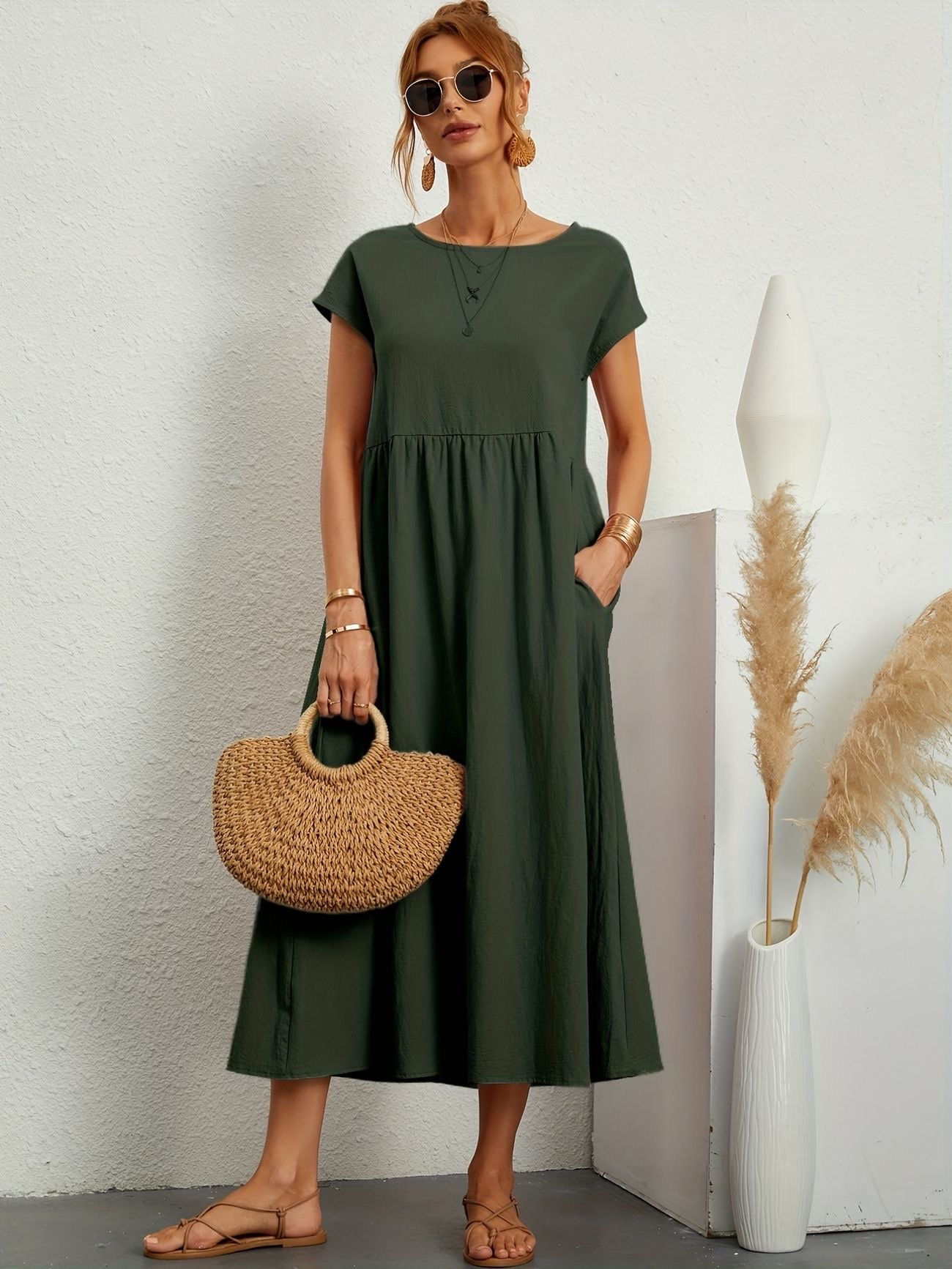 Falling Maxi Dress with Short Sleeves and Pockets