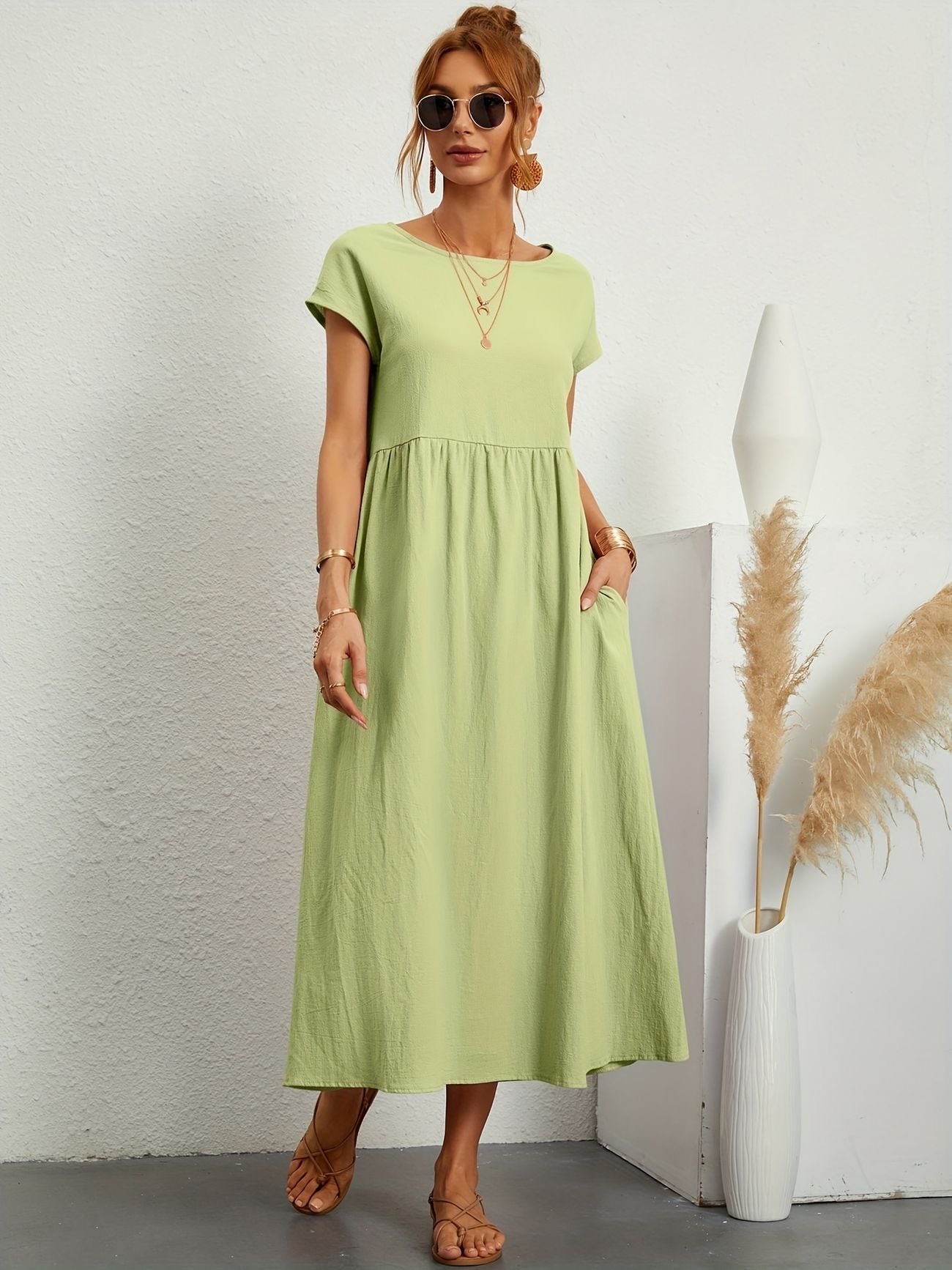 Falling Maxi Dress with Short Sleeves and Pockets
