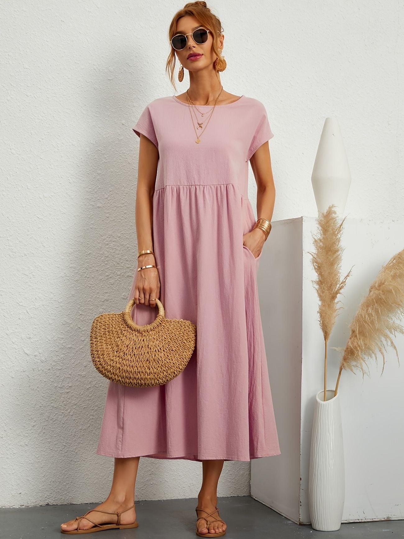 Falling Maxi Dress with Short Sleeves and Pockets