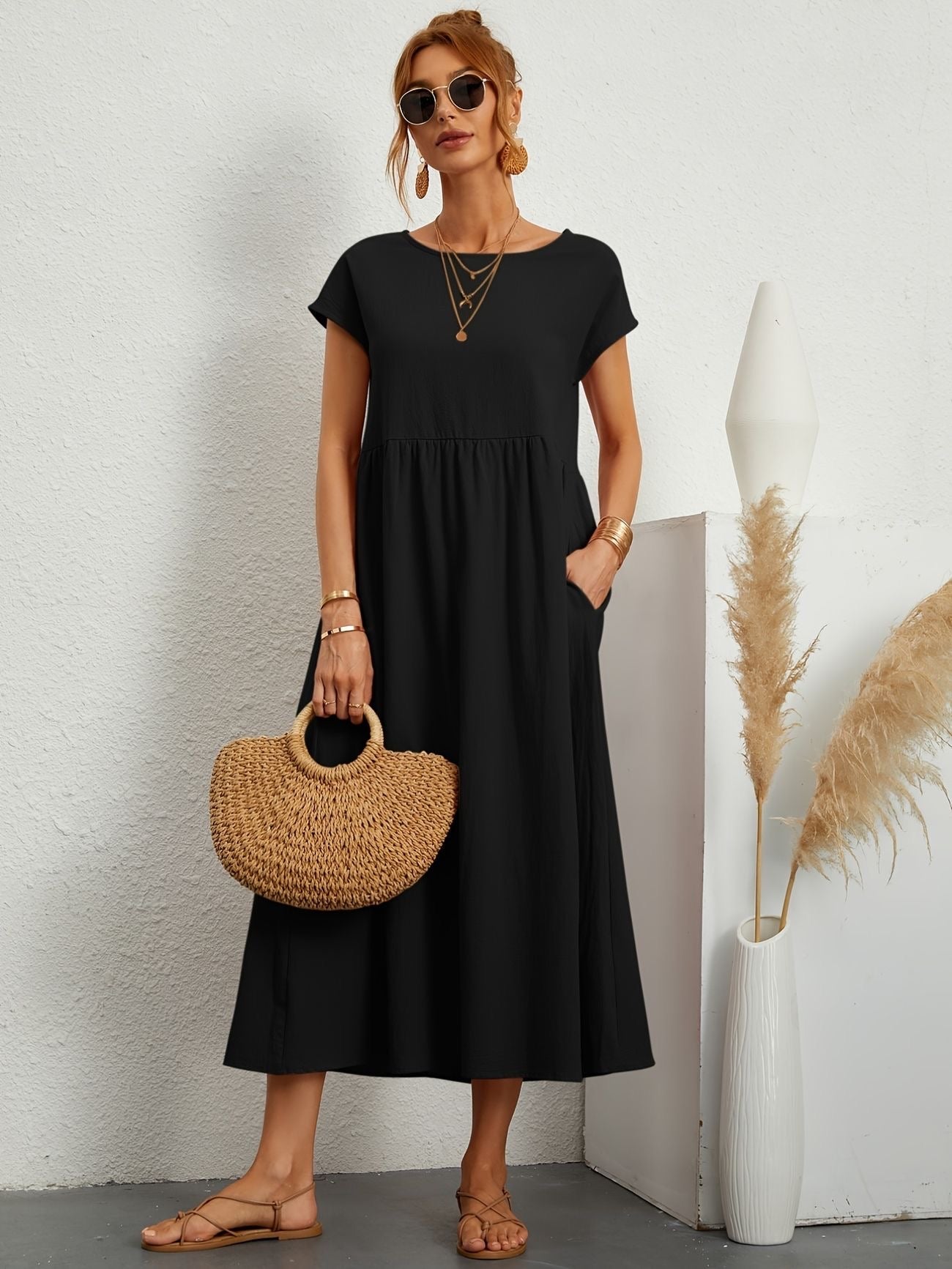 Falling Maxi Dress with Short Sleeves and Pockets