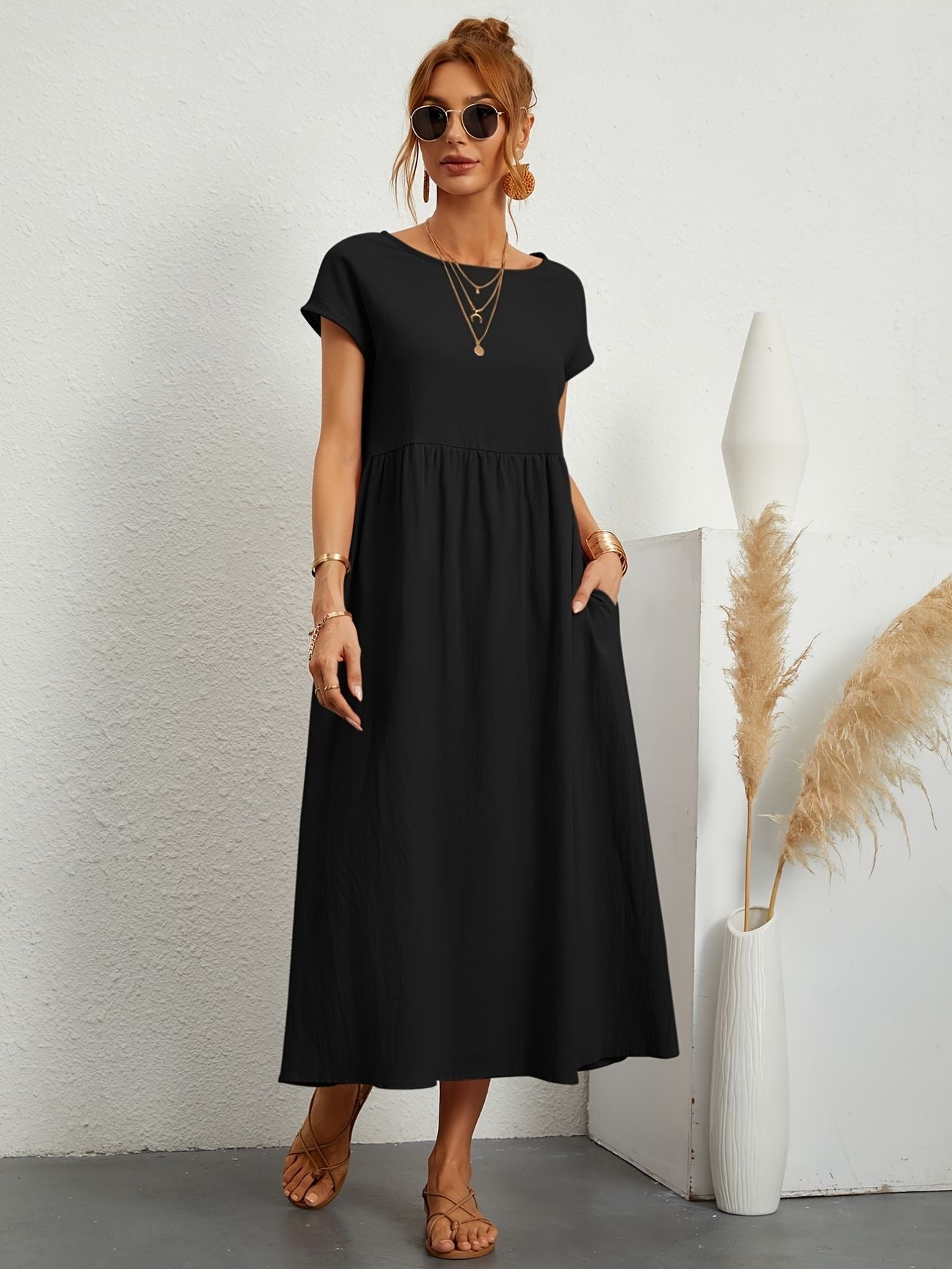 Falling Maxi Dress with Short Sleeves and Pockets