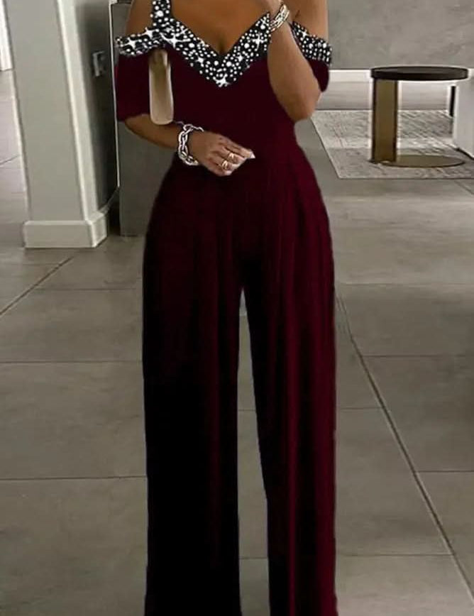 Dames Feestelijke Jumpsuit met Strassrand en Open Schouders