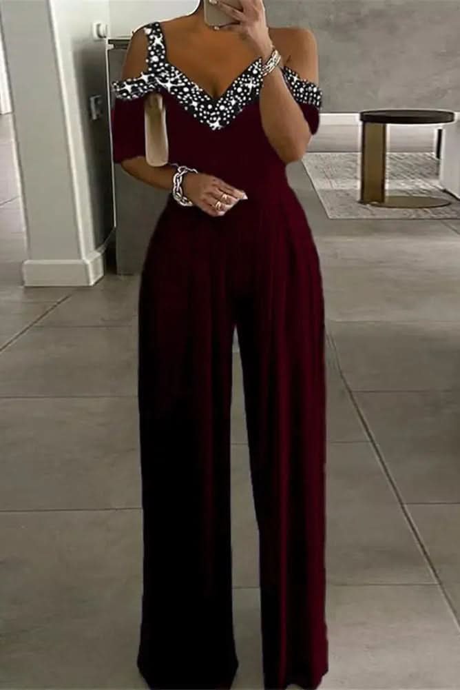 Dames Feestelijke Jumpsuit met Strassrand en Open Schouders